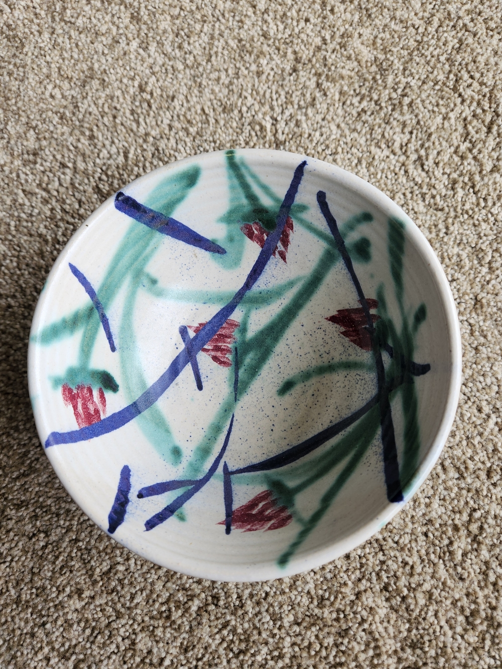 Hand -Painted Ceramic Decorative Bowl in White with Green, Blue, and Red Accents